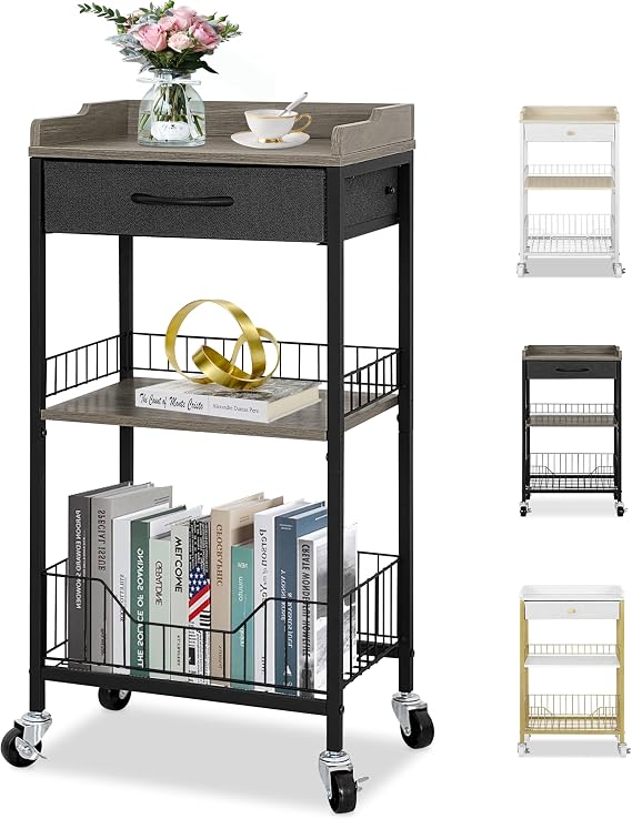 Tall Side Table, Narrow Side Table with Wheels, Black & Grey