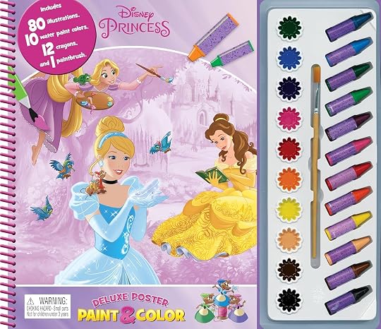 Disney Princess Deluxe Poster Paint & Color - Coloring Book for kids, 80 illustrations, 10 watercolor paints, 12 crayons, 1 paint brush