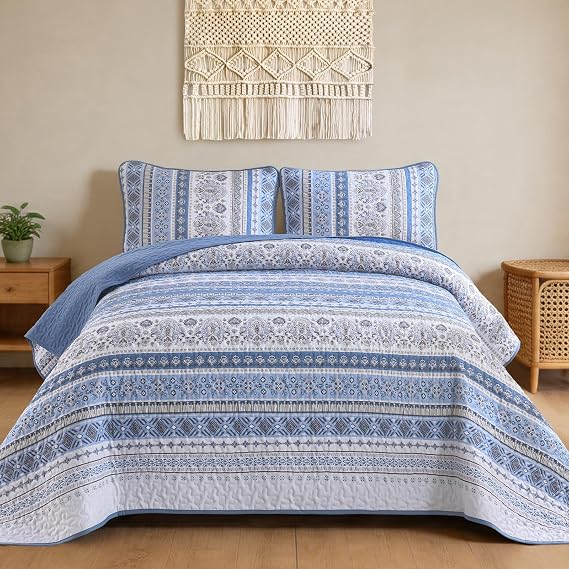 Goodidea Boho Quilt Set Queen Size, Blue Stripe Microfiber Bedspread Set