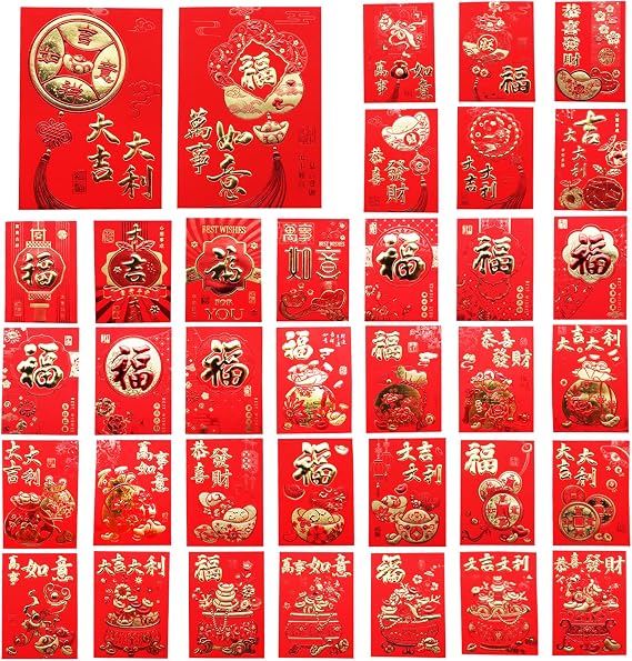 Chinese Hong Bao, 36Pcs 5x3.1 inch Red Envelopes with 36 Unique Greetings for Chinese New Year, Wedding, Birthday & More