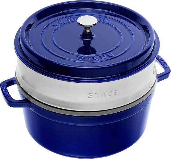 STAUB Cast Iron Casserole Dish with Stainless Steel Steamer Insert Round 26 cm 5.2 L Aromatic Function for Optimal Humidification for All Types of Cookers Including Induction and Oven Dark Blue