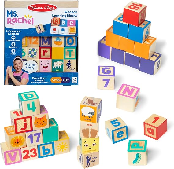 Melissa & Doug Ms. Rachel Letter, Number, and Game Wooden Learning Blocks with Activity Cards for Girls and Boys Toddlers Ages 18 Months+ FSC Certified