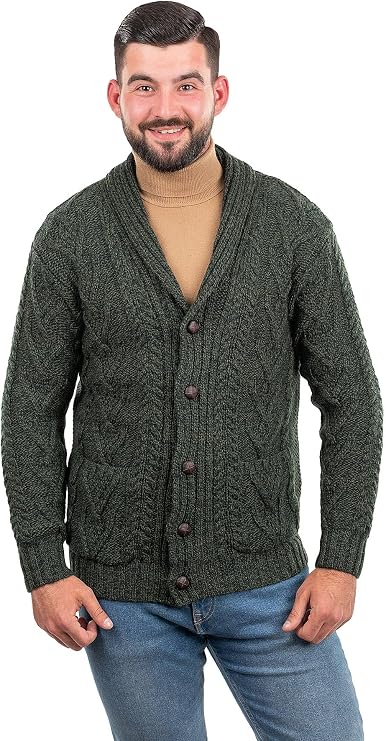 SAOL 100% Merino Wool Men's Aran Cable Knit Shawl Collar Casual Irish Cardigan with Buttons and Pockets