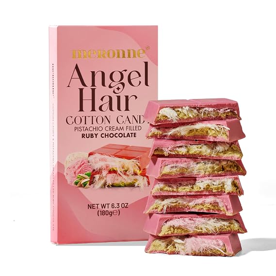 Meronne Angel Hair Ruby Chocolate Bar 6.35 oz (180g) Real Ruby Chocolate with Pistachio Cream & Angel Hair Cotton Candy Handmade No Artificial Colors or Preservatives
