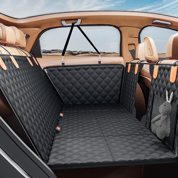 PETICON Back Seat Extender for Dogs, Hard Bottom Dog Car Seat Cover - Supports 400lbs, Rear Seat Pet Cover with Mesh Window, Waterproof Dog Hammock for Car SUV