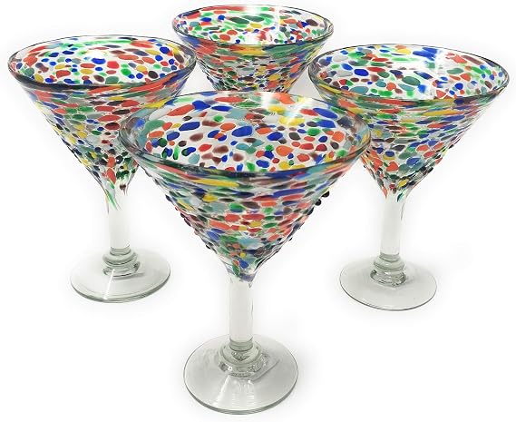 Mexican Hand Blown Glass Set of 4 Hand Blown Modern Margarita Glasses - Confetti Rock (12 oz)