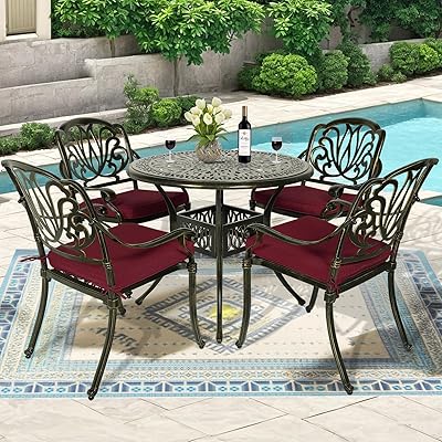 MEETWARM 5 Piece Outdoor Furniture Patio Dining Set, All-Weather Cast Aluminum Patio Table and Chairs Set- 4 Cushioned Chairs, 1 Round Dining Table with Umbrella Hole for Backyard, Chili Red