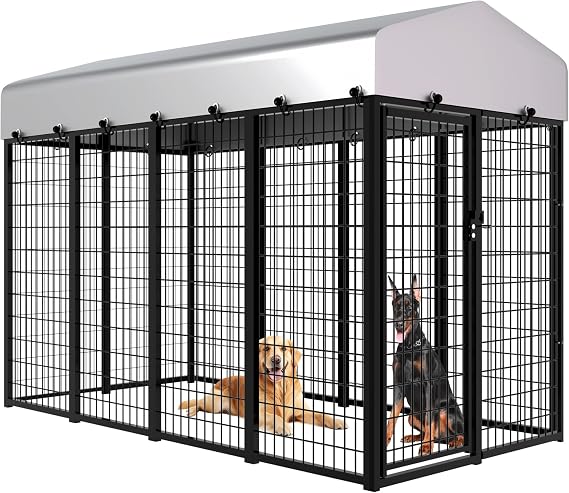 Large Dog Kennel Outside with Roof, Heavy-Duty Indoor Outdoor Dog Run Dog Enclosure with Removable Silver Cover, Dog Pens Outside Playpen with Latch-Lock, 8x4x6 Ft