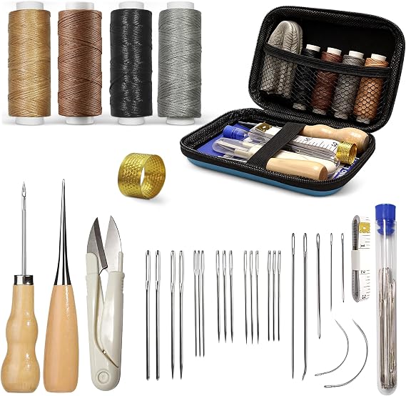 Leather Sewing & Upholstery Repair Kit with 2 Awls, Needles & Waxed Thread | for Stitching and Repairing Car Seats, Sofas, Carpets, Shoes and Bags, ideal for Canvas, Tents and DIY Leather Crafts