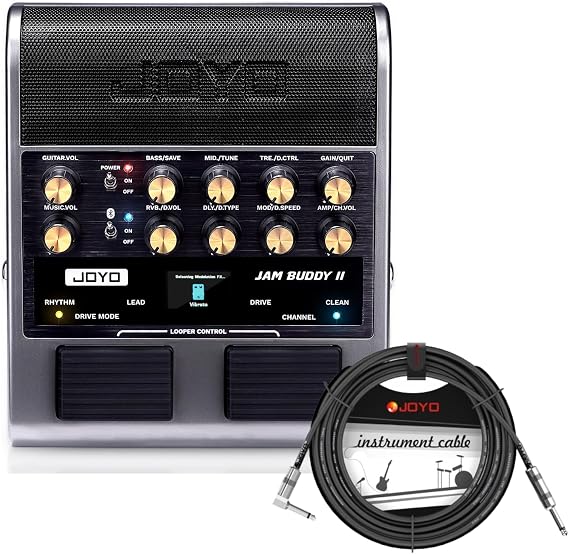 JOYO 10W Electric Guitar Practice Amp Portable Amplifier with 14 Amp Models,3-Band EQ,36 Drum Patterns & Looper & 15ft Audio Instrument Cable 1/4 Inch Right-Angle Amp Cord(JAM Buddy II, Gray)