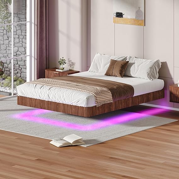 Floating Bed Frame Queen Size with Smart LED Lights - Modern Metal Platform Bed, Easy Assembly No Box Spring Needed (Walnut)