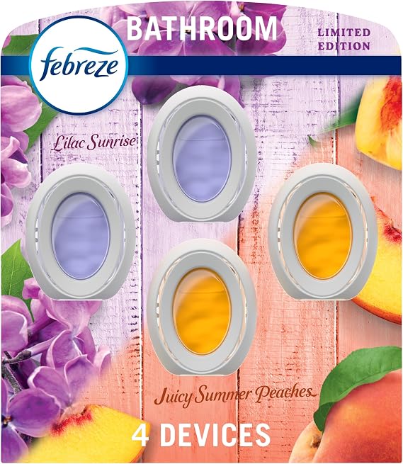 Febreze Bathroom Air Freshener, Odor-Fighting, Plug In Alternative, Air Fresheners for Small Spaces in Home, Bathroom, Kitchen, Closet, Lilac & Peach Scents, 4ct (2 of Each Scent)