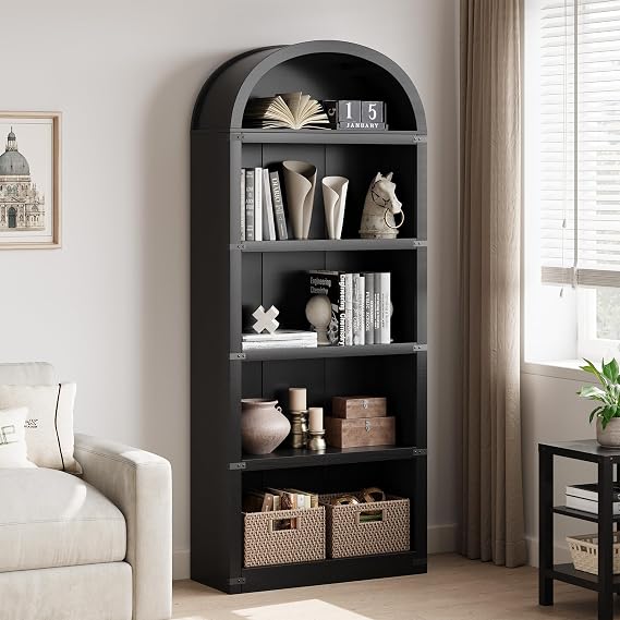 5 Tier Bookcase Black, 182cm Arched Display Racks Large Wood Book Shelf, Modern Freestanding Open Bookcase for Living Room, Study and Bedroom, Wooden Shelving Unit Book Case (80cm x 30cm x 182cm)
