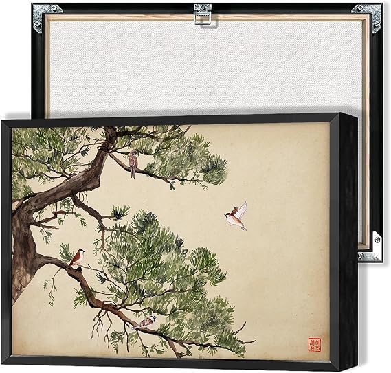 Vintage Japanese Pine Tree Wall Art Oriental Asian Landscape Sparrows Canvas Posters Japan Scenery Room Aesthetic Prints Painting For Living Room Bedroom Wall Decor 12x16in Framed