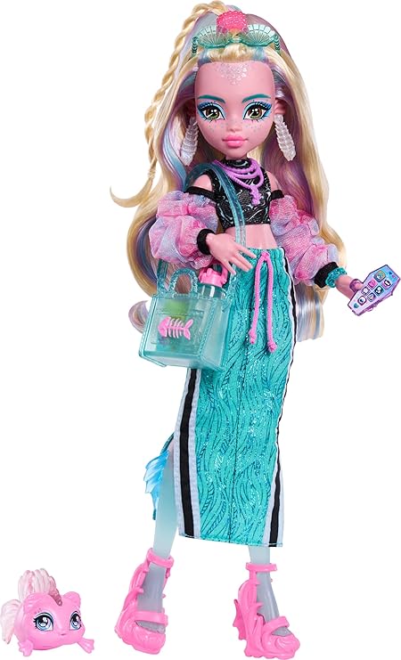Monster High Bebek, Lagoona Mavisi Crop Top ve Sportif Maxi Etek Evcil Hayvan Balık Neptuna ve Shell Güneş Gözlüğü, Atıştırmalık ve Çanta, JHK33 gibi 7 Aksesuar