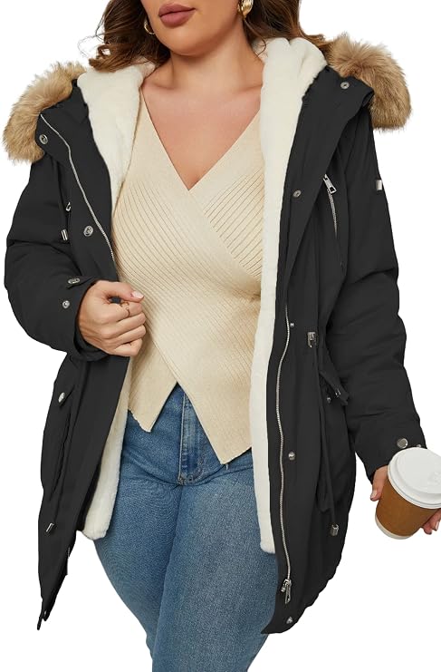 Women's Plus 3 in 1 Coat Winter Hooded Parka With Faux Fur Hood 1X-5X