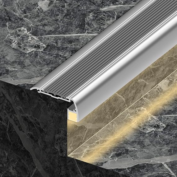 6 Packing Round Stair Nosing for Tiles Anti-Slip Step Lighting LED Aluminum Profile Safety Light Step Channel Cover Edge Protector Deck Hard Bar Strip Light, Stair Edge Nosing Trim(Silver)