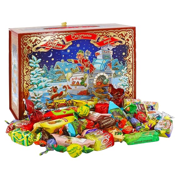 RUSA New Year's Sweets Gift Russian Candy Mix Box - Assortment Chocolate Party Candy Mix Variety of Russian Candy Cardboard 'At the Pike's Behest' - 1 kg -/ 2.2 lbs