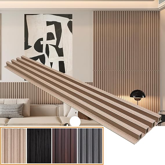 YU LI 3DH WPC Slat Wall Panels 12-Pack 48x 6in & 4 Trim Accent Black Wood Grain 3D Wall Panels Interior Wall Modern Decor