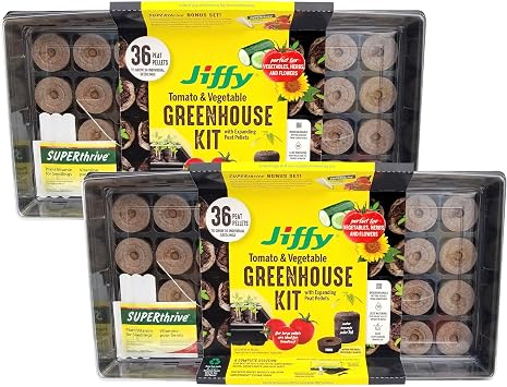 Ferry Morse Jiffy Tomato & Vegetable Seed Starter Tray Kit, 36 Cell 50mm Peat Pellets with Bonus SUPERthrive and Plant Labels - 2 Pack, 72 Pellets Total