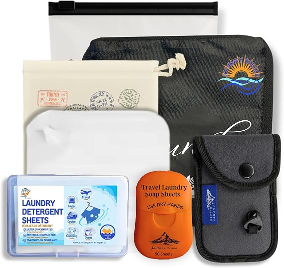 Travel Laundry Detergent Sheets Kit 2-Size Travel Detergent Sheets + Lightweight Clothesline, Universal Sink Stopper & Foldable Laundry Bag Great for Hotels, Cruises, Camping & Trips