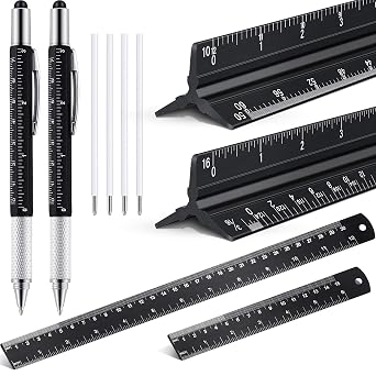 Weewooday 10 Pieces 12 Inch Architectural Scale Ruler Aluminum Triangular Engineering Ruler Scale with 6 in 1 Multitool Pen Ballpoint Pen for Architects, Draftsman, and Engineers