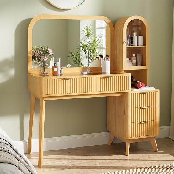 48" Fluted Vanity Desk with 32" Mirror & Arched Cabinet,Modern Glass Top Vanity Table with 9-Grids Large Drawer & 3 Side Drawers Wood Makeup Vanity with Power Outlet 2 Shelves with Glass Door,Natural