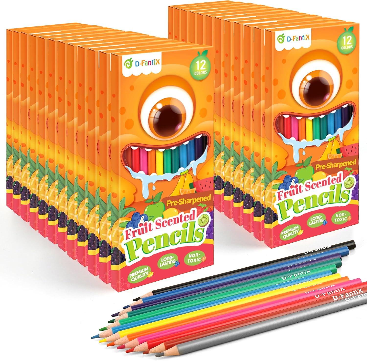 D-FantiX 24 Pack Fruit Scented Colouring Pencils Bulk, 288 Count Pre-Sharpened Coloured Pencil Sets for Kids Students, Great Gift for Classroom Prizes, Donations, Party Favors, Back to School Supplies