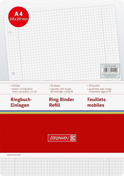 Brunnen 1066928 Ring Binder Loose Leaf Refill Size A4 Squared with 2 Margins 28 Lines per Page 50 Sheets 70 gsm