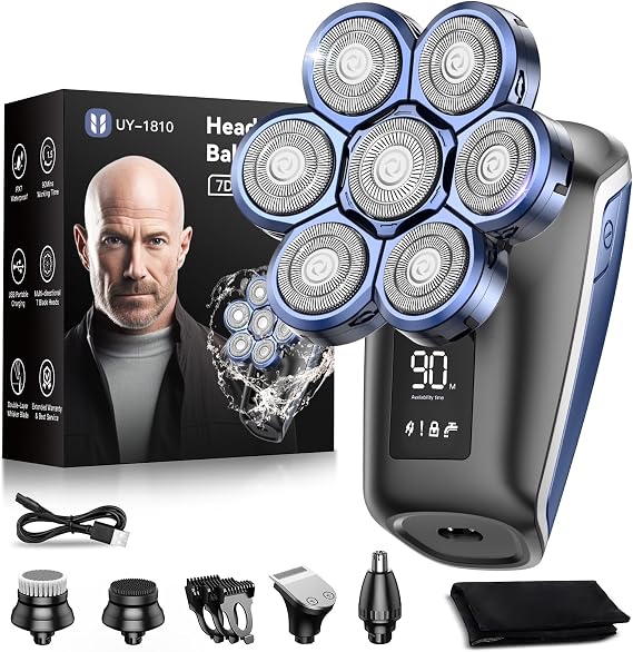 Head Shavers for Bald Men, Uythumidid 7D Wet/Dry Waterproof Rotary Shaver, Rechargeable 7-in-1 Electric Razor Grooming Kit, Mens Shaver for Best Gift, Cordless