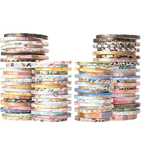 Exrta Slim Washi Tape Set Random Patterns 80 Rolls+ Bundle Gold Foil Super Skinny Decorative Masking Tape Scrapbook Tape for DIY Craft Art Projects Journal Gift Wrapping (Gold Foil Detailing)