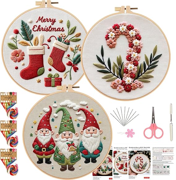 Smart-Feather 3 Sets Holiday Embroidery kit for Beginners, Hand Embroidery Kits for Adults with Hoop, DIY Art Project Craft Kit (Season)