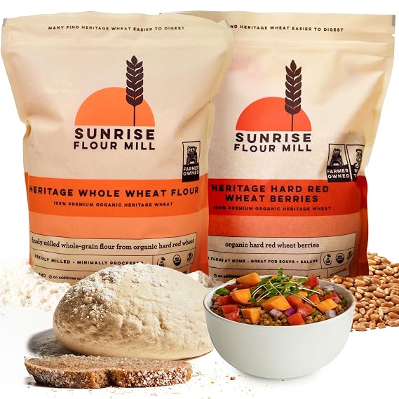 Sunrise Flour Mill Heritage Organic Whole Wheat Flour & Hard Red Wheat Berries (80 Ounce (Pack of 2)) - Non-GMO, Kosher, Grown Without Glyphosate, Unbleached, High Protein, Superior Baking
