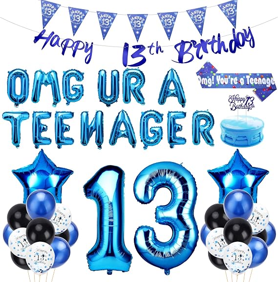 Official Teenager 13th Birthday Party Decorations for Boys - Blue "OMG UR A TEENAGER" Balloons, Banner, Pennant & Printed Latex Balloons