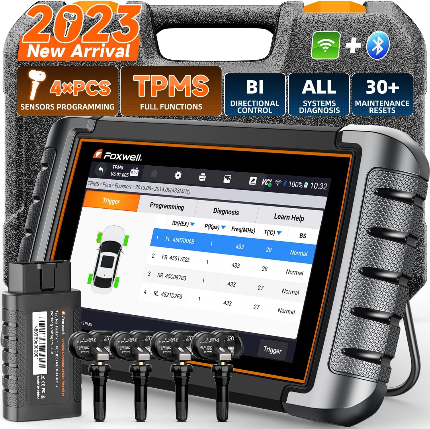 FOXWELL NT809TS OBD2 Scanner 3-Year Free Update, 2023 Newest One-Stop TPMS Programming Tool, Bluetooth Bidirectional Scan Tool with 30 Service, OE-All System Diagnostic, CKP Relearn 4 PCS Sensors