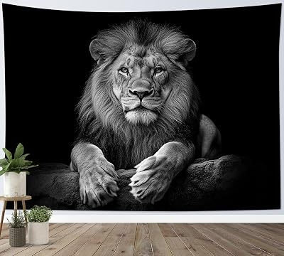 HVEST Lion Tapestry Wall Hanging Wild Animal Lion on Black Wall Art Tapestry for Bedroom Black and White Tapestry for Living Room College Dorm Party Wall Decor Backdrop, 40L X 60W inches