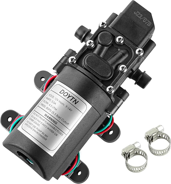 12V Diaphragm Water Pump 1.2 GPM 80 PSI Self Priming Sprayer Pump with Pressure Switch, Hose Clamps for RV, Camper, Marine, Boat, Garden, Car Wash