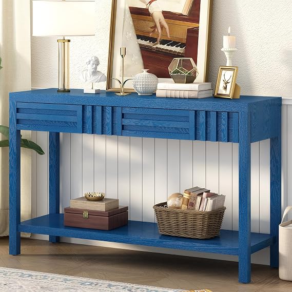 51 Inch Console Table for Entryway Modern Rustic Hallway Sofa Table with 2 Storage Drawers & Open Shelf, Narrow Wood Accent Tables for Living Room Front Hall, Navy Blue