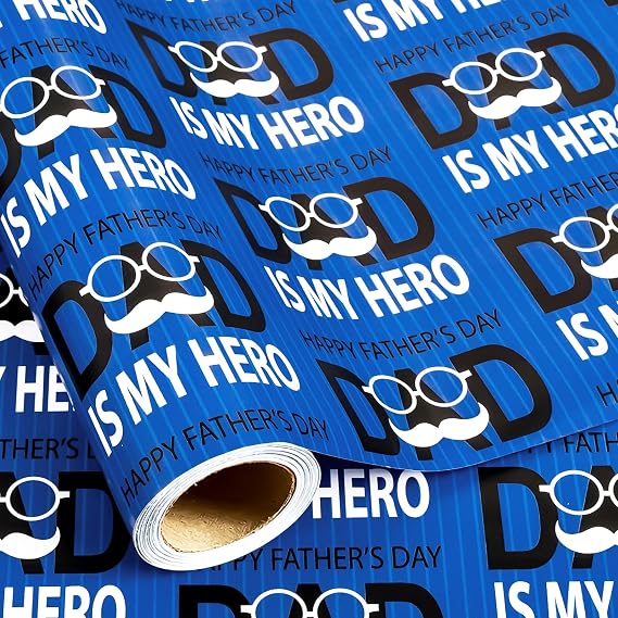 Homeral Blue Father's Day Wrapping Paper Roll - Mini Roll - 17 Inch x 16.5 Feet - DAD IS MY HERO Pattern Gift Wrap for Father's Day, Birthday