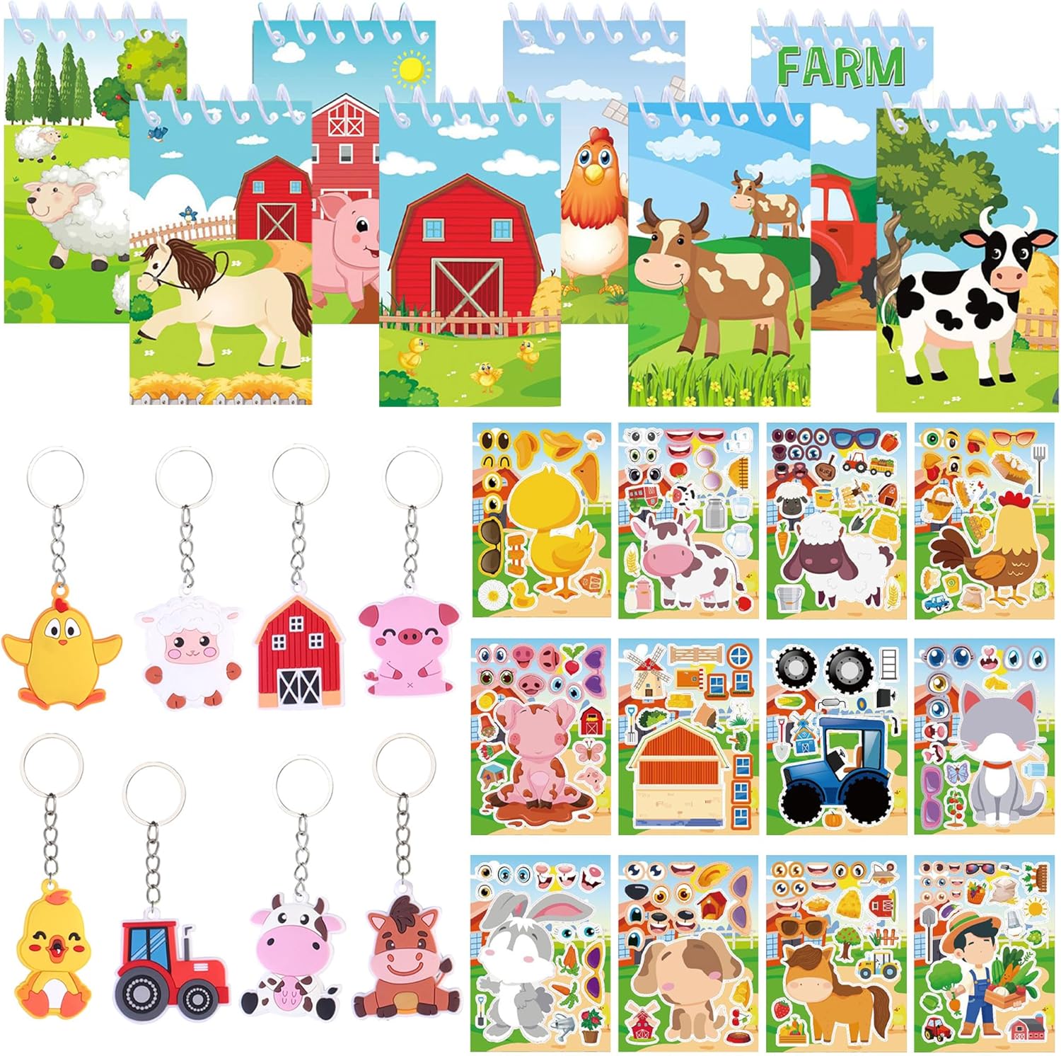 BACH AND BOUJEE 28PCS Farm Party Bag Fillers Farm Animal Mini Notebook Sticker Keychains Keychain for Birthday Party Goodie Bag Fillers Supplies