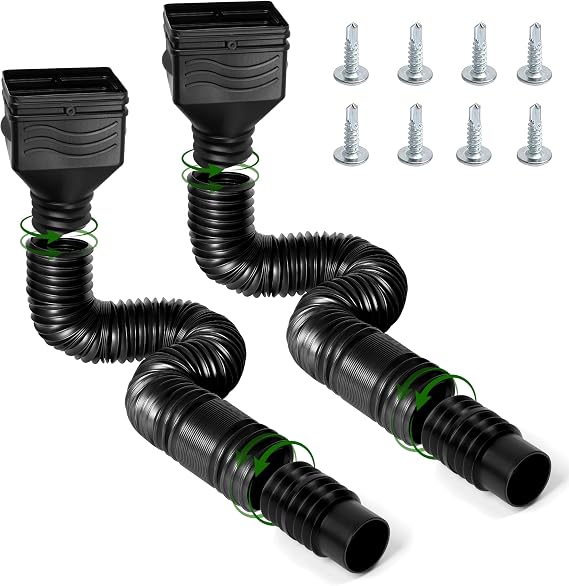 Rain Gutter Downspout Extensions - 2 Pack Flexible Drain Downspout Extender Extendable from 21" to 67", Down Spout Drain Extension Pipes, Thicken Gutter Connector Rainwater Drainage (Black)