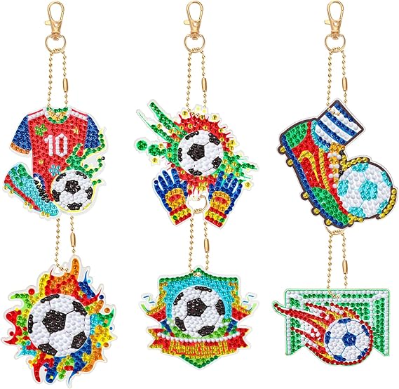 JSRQT 5D DIY Football Diamond Art Painting Keyrings Kit, Double-Sided Diamond Pasted Painting Keychians for Adult Kids, Rhinestone Mosaic Craft Painting Pendant for Handbag Backpack Party Decoration