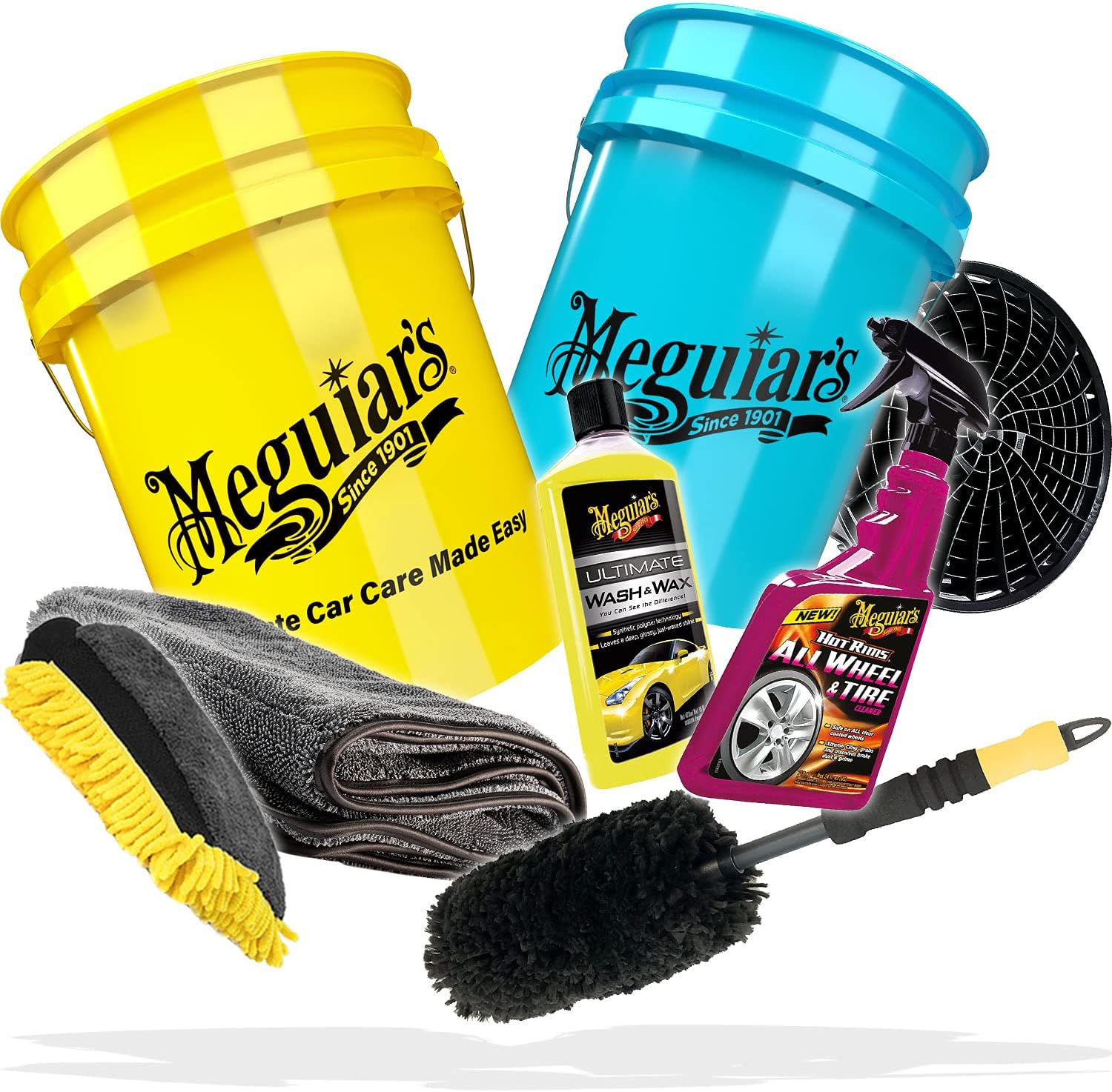 detailmate Car Wash Set Wash Mitt + Microfibre Monkey Drying Cloth + Meguiars: Wash & Wax Car Shampoo + Hot Rims Wheel Cleaner + Rim Brush + 2 x Wash Bucket + Dirt Strainer + Accessories