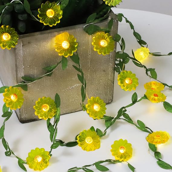 Sunflower Decor Flower String Lights Vines with Fairy Lights Christmas, 30 LED Copper Wire with Remote Control Battery Operated Flower Garland Leaf for Locker,Bedroom, Wall, Christmas,Fall Decorations