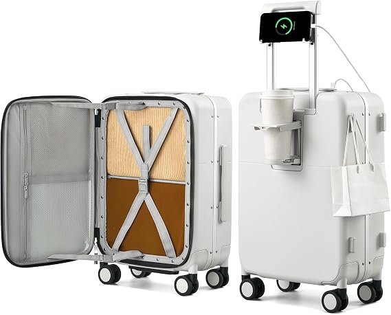 Hanke 20 Inch Top Opening Carry On Luggage with Cup Holder and USB Ports | 22x14x9 Airline Approved, Aluminum Frame Hard Shell Suitcases with 8 Spinner Wheels, TSA Lock, Removable Divider, Smoke White