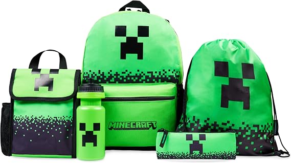 Minecraft Backpack Set 5 Pcs Water Bottle Insulated Lunch Bag Pencil Case Drawstring Bag or Lanyard Keyring School Supplies (Green)