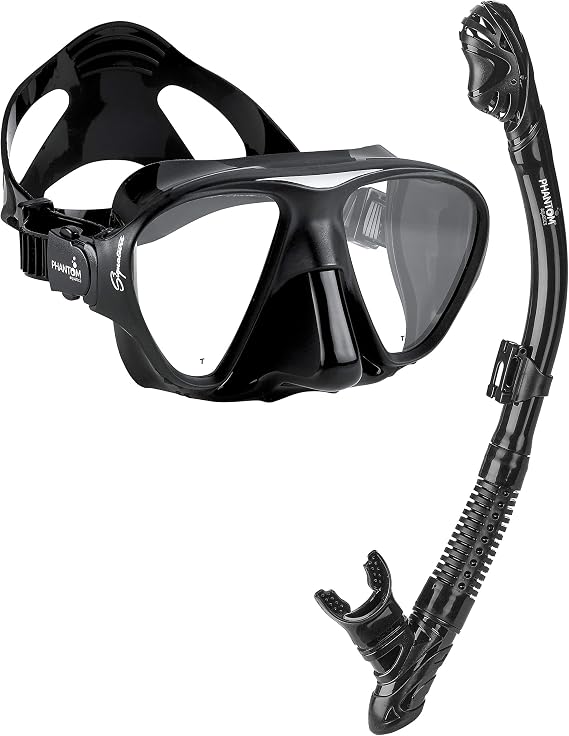Phantom Aquatics Italian Design Boutique Collection - Tempered Glass Lens Frameless Scuba Snorkeling Dive Mask - Splash Guard Dry Snorkel Set, BK