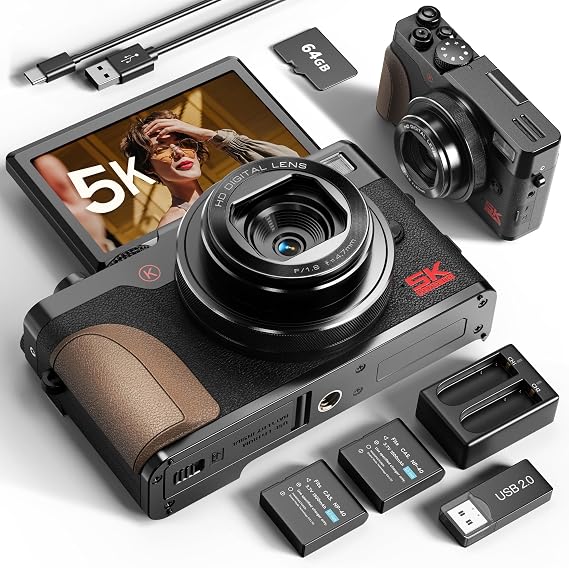 NBD 64MP 5K Digital Camera - Autofocus, 18x Zoom with 64GB Card & 2 Batteries, Anti-Shake, Compact Vlog Camera, Photography, Travel, YouTube MC-US-K100C-BB-N5-A-2512