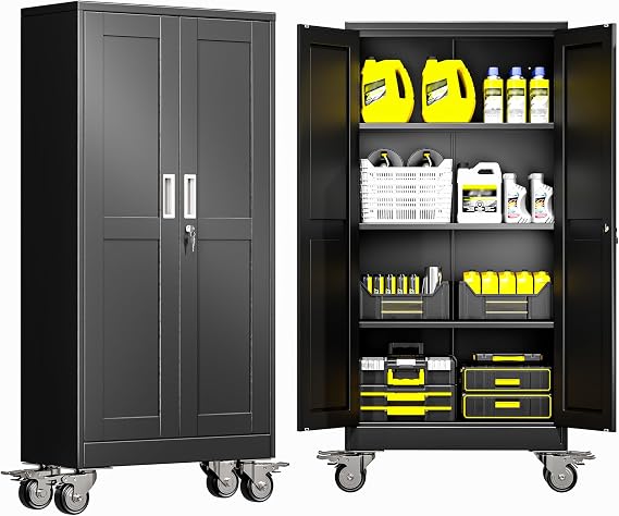 GAIOUS Metal Garage Storage Cabinet with Lock, 61 Tall Lockable File Cabinet with Wheels, Steel Tool Cabinet with 2 Door and 3 Adjustable Shelves, Rolling Cabinet for Home Office Garage Gym - Black