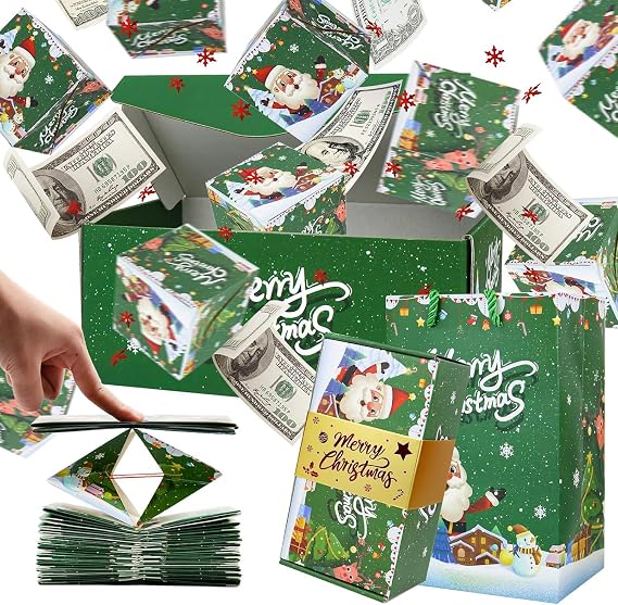 Jeffski Christmas Gift Box Explosion for Money, Surprise Pop-Up Cash Explosion Boxes, Unique Folding Bouncing Envelope Gift Box for Birthday Anniversary Valentine Proposal (Green, 6 Bounces)
